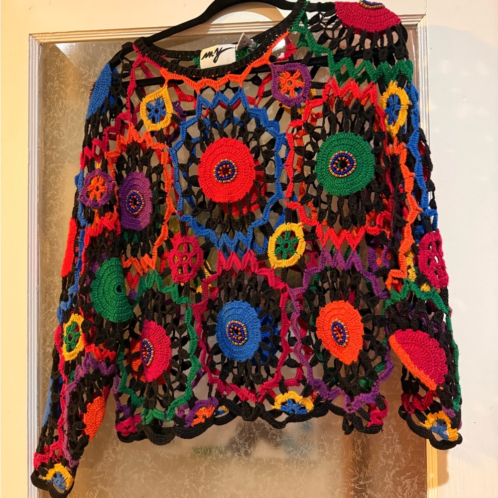 Colorful boho knit Crochet embroidered Sweater